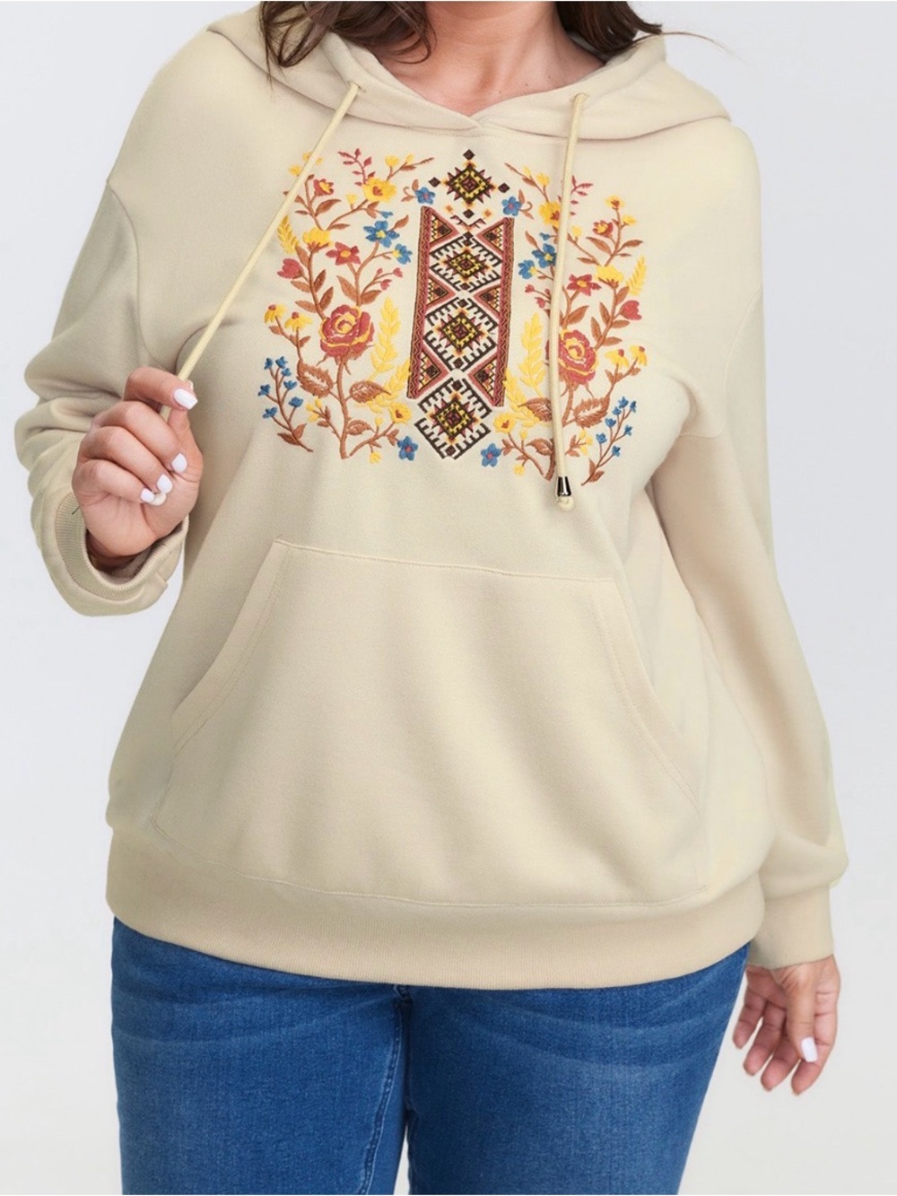 BloomChic Cream Hoodie with Colorful Embroidered Floral Panel